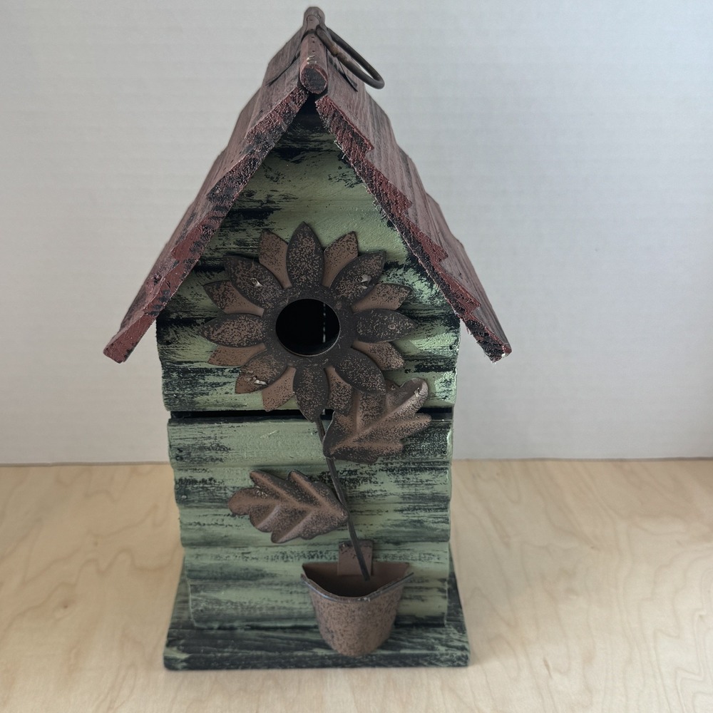 Sunflower Birdhouse Rustic Hanging Metal and Wood Green 11" Tall Garden Decor